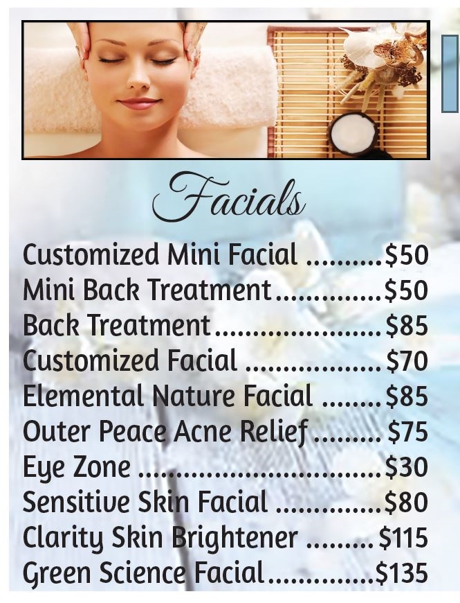 Facial service options and prices at Panda Massage