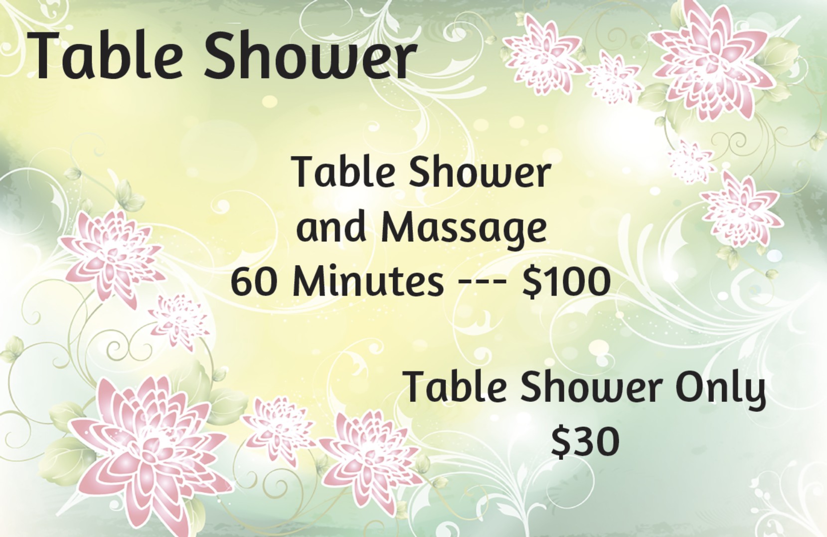 Table shower service options and prices at Panda Massage
